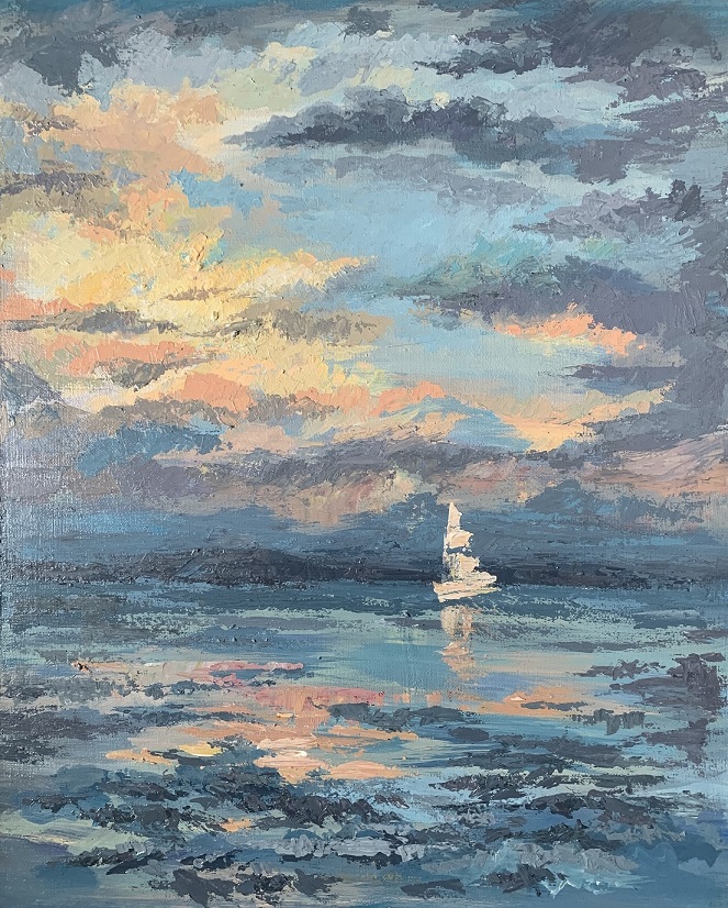 Ein Segelboot auf See. Malerei auf Leinwand, Acryl