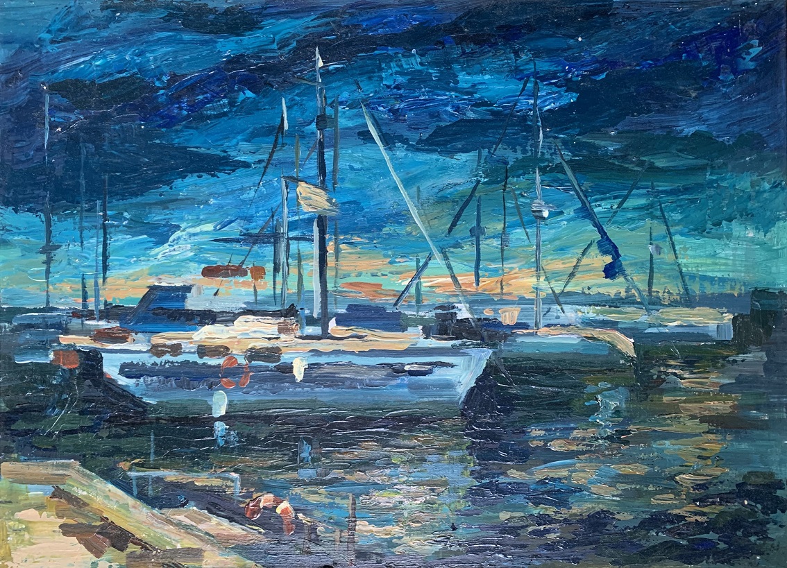 Yachten. Malerei mit Acryl auf Pappe.