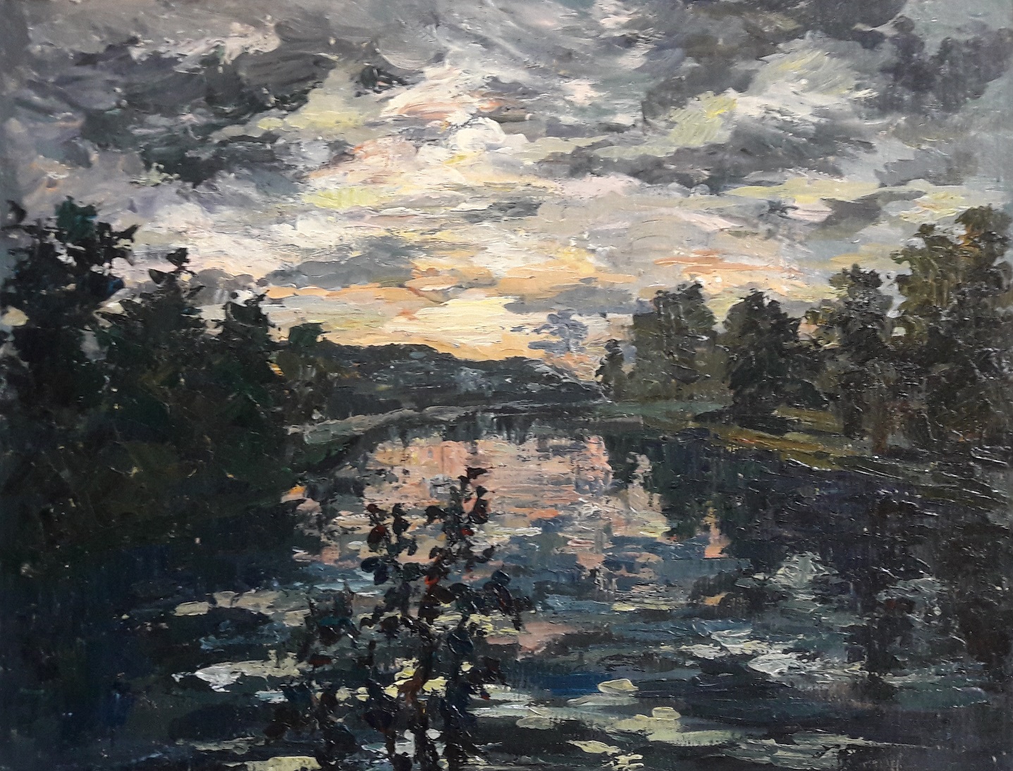 Abend am Fluss. Malerei mit Acryl auf Pappe.