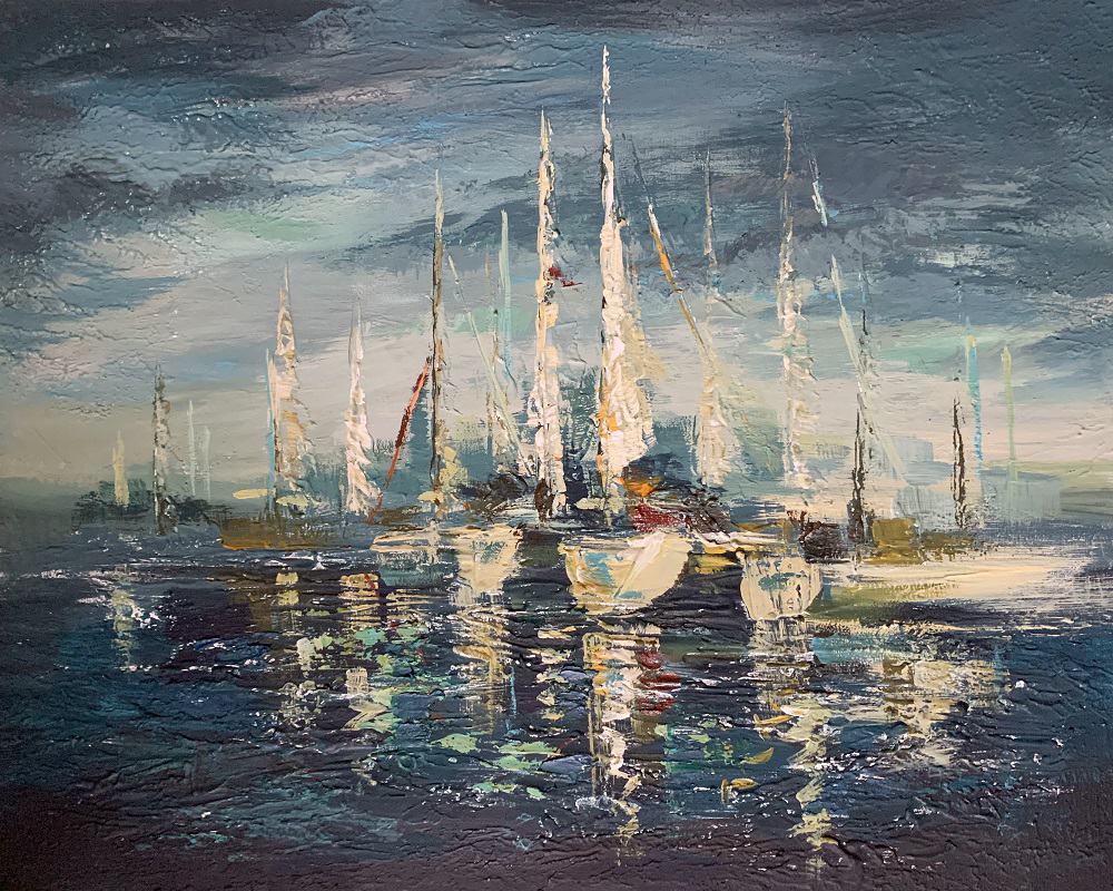 Sails at sea. An acrylic painting on canvas.