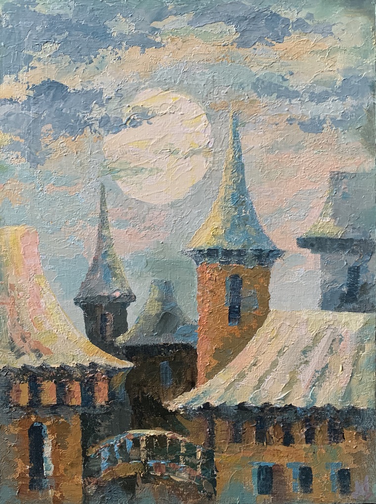 A fairy-tale town. Paint with acrylic on canvas.