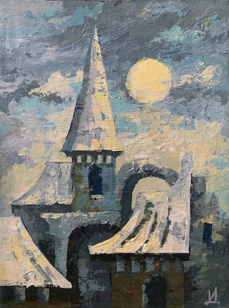 A fairy-tale town. Paint with acrylic on canvas.