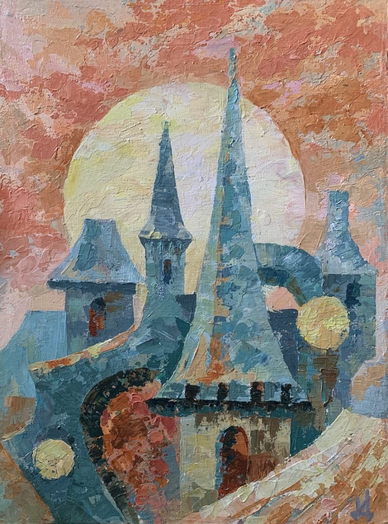 A fairy-tale town. Paint with acrylic on canvas.