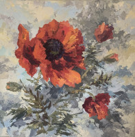 罂粟花。 画布上的丙烯酸绘画。
